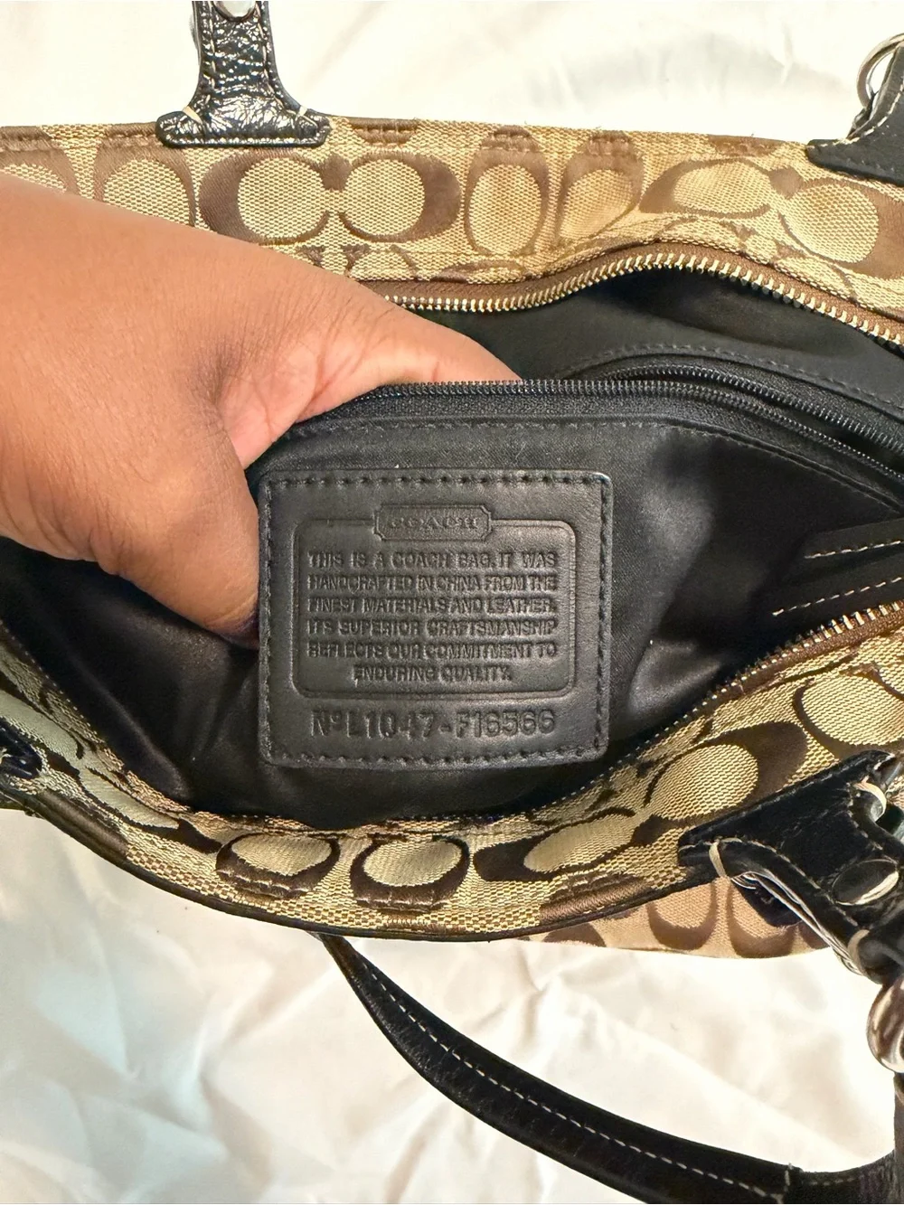 Coach F13566 Signature Jacquard Tote Bag Brown Black Leather Shoulder Purse